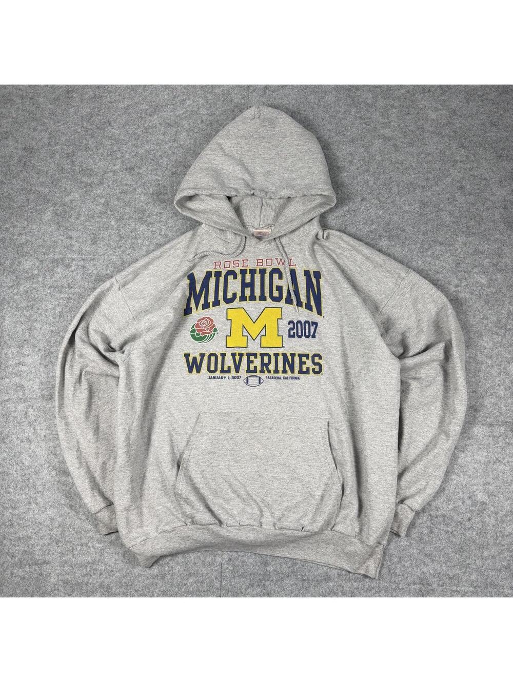 Vintage NCAA Michigan Wolverines Rose Bowl 2007 Y2K Football Grey Hoodie Size XL